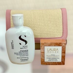 Alfaparf Shampoo and Laura Geller Foundation with Lancôme clutch